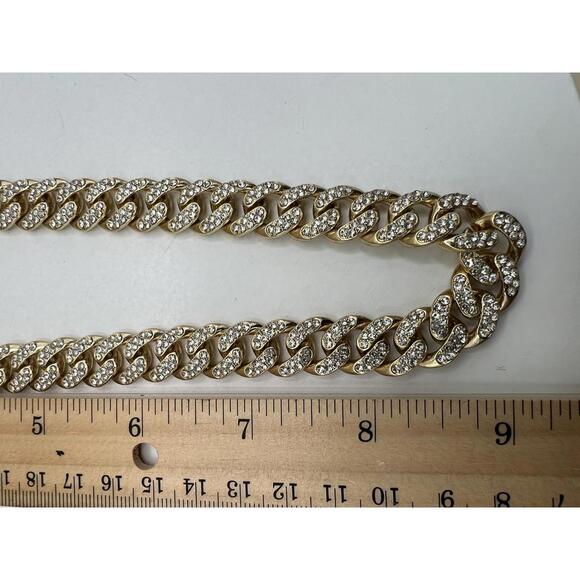 Heavy Gold Tone Cuban Link Chain Necklace with Rhinestones - Picture 10 of 10